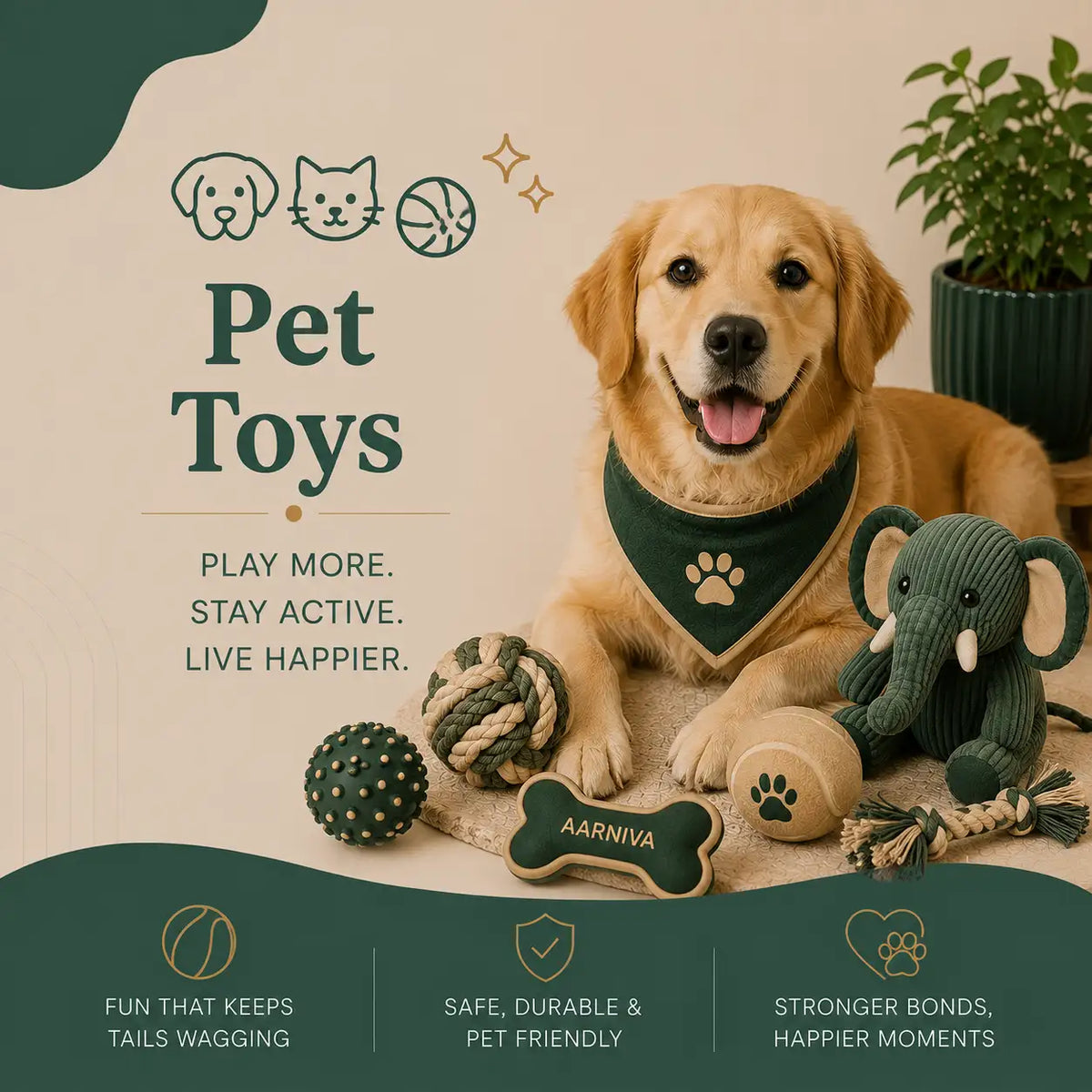 A golden retriever sits on a rug surrounded by dog toys, including a green plush elephant, rope toys, and a bone-shaped chew. The dog wears a green bandana with a paw print.