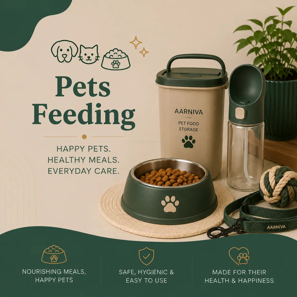 A pet feeding setup displayed on a beige background with decorative text and icons. The set includes a dark green pet food bowl filled with kibble, a beige pet food storage canister labeled AARNIVA, a clear water bottle with a dark green cap, a rope toy, a black leash, and a woven mat.
