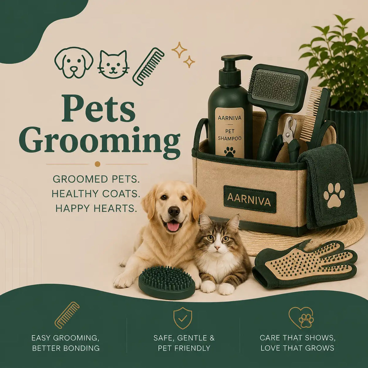 A pet grooming kit arranged on a beige background with a golden retriever and a tabby cat in front. The set includes a beige storage basket labeled AARNIVA, a dark green pet shampoo bottle, brushes, a grooming glove, a grooming brush, and a grooming mat.