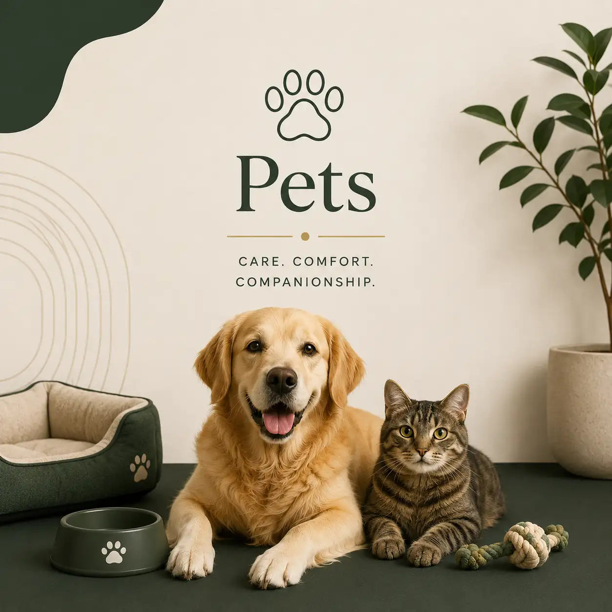 Dog and cat lying on a carpet with pet accessories and 'Pets' branding in the background.