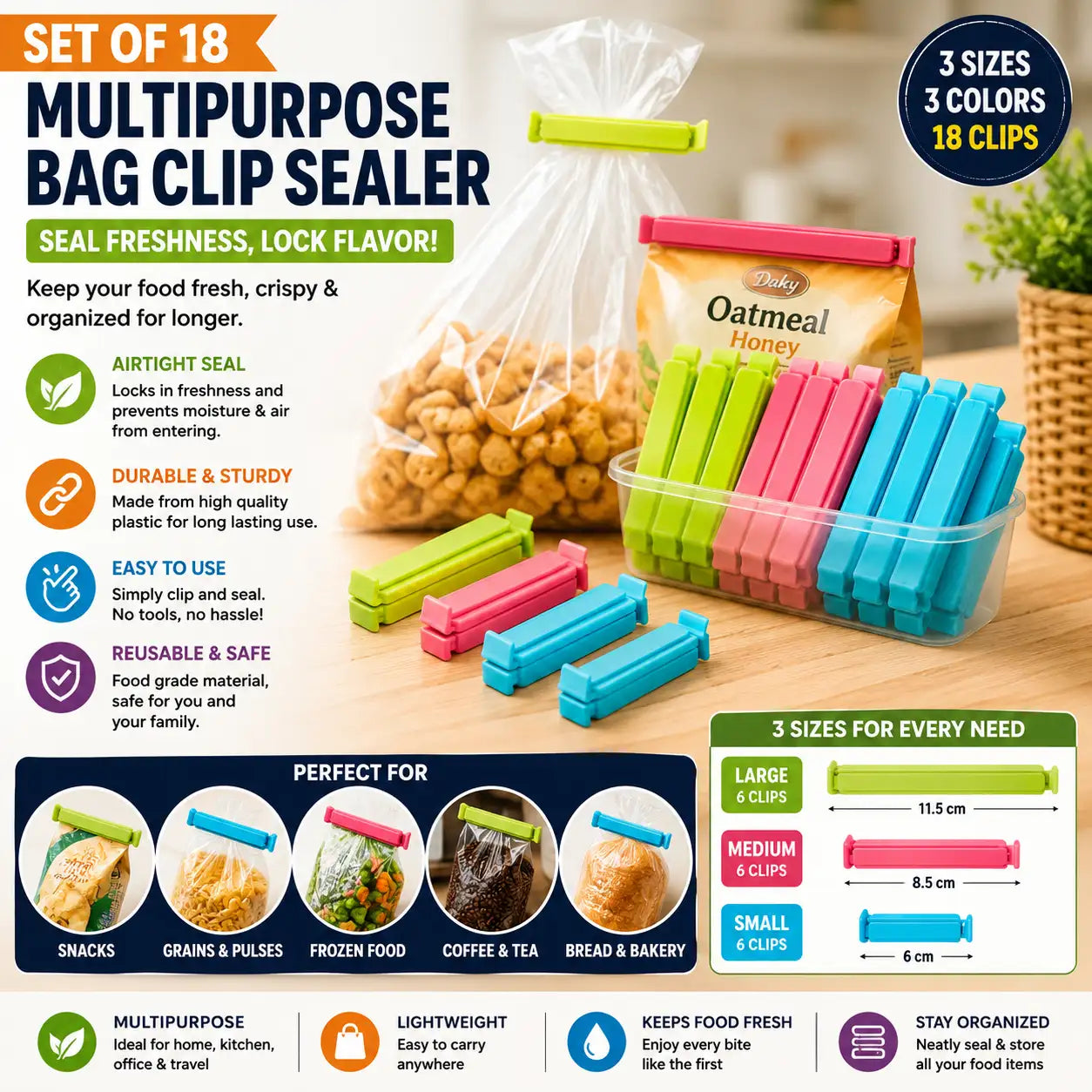 A set of 18 multipurpose bag clip sealers in multiple colors, shown sealing clear plastic bags of snacks, grains, and honey. The image features a clean product presentation with a digital infographic detailing the sizes, colors, and benefits of the clip sealers.