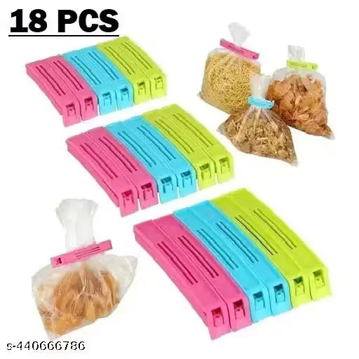 Set of 18 plastic food storage bag clamps in pink, blue, and green, shown both closed and sealing clear plastic bags filled with pasta and dried food on a white background.