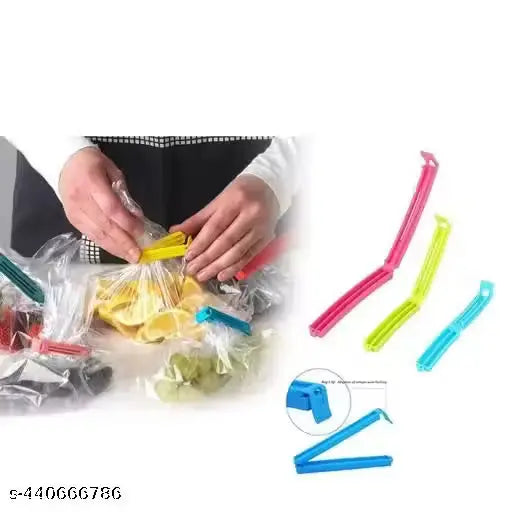 A set of colorful plastic bag sealers shown alongside a demonstration photo of a person sealing clear bags with yellow, blue, and red clips. The image features a white background with product cutouts and a small product number at the bottom left.