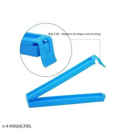 Blue plastic bag clip shown open on a white background, with a circular inset close-up highlighting the locking mechanism and small text reading 'Bag Clip Adoption of unique auto locking'.