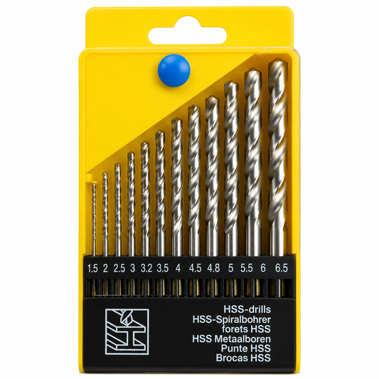 Set of drill bits in a yellow packaging with a blue circular logo on a white background