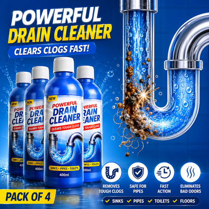 Packaging of Powerful Drain Cleaner with product display and promotional text on a blue background