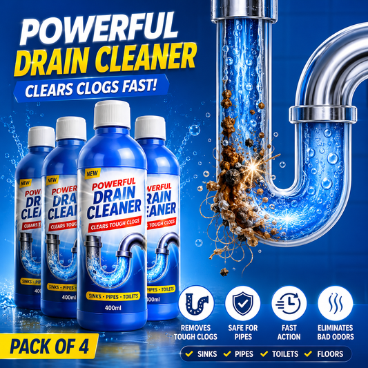 Packaging of Powerful Drain Cleaner with product display and promotional text on a blue background