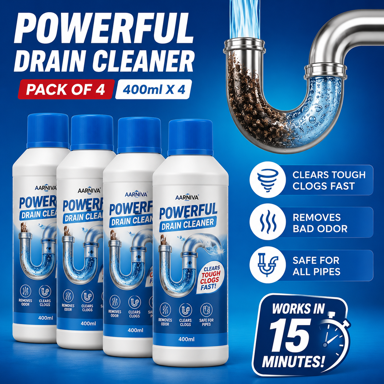 Pack of 4 Aarniva Powerful Drain Cleaner bottles with a U-shaped drain illustration on a blue background.