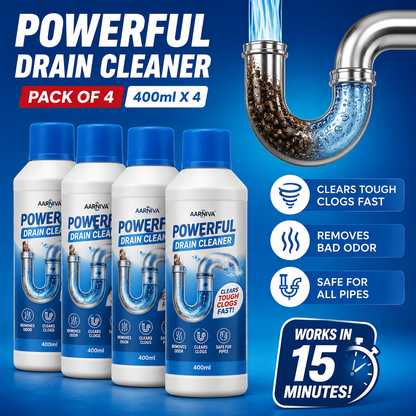 Pack of 4 Aarniva Powerful Drain Cleaner bottles with a U-shaped drain illustration on a blue background.