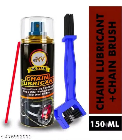Rustar Chain Lubricant 150ml spray can with a blue cap, shown alongside a blue chain brush and a red cleaning stick on a white background, with a red vertical banner reading 'CHAIN LUBRICANT + CHAIN BRUSH' and '150 ML'.