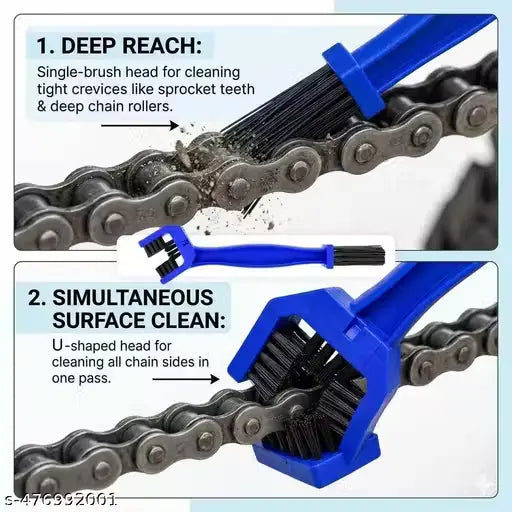 A bicycle chain cleaning brush shown in a two-panel instructional graphic. The top panel shows the brush head reaching deep into a chain link crevice, with text explaining use for sprocket teeth and chain rollers.