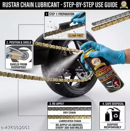 Instructional graphic for Rustar Chain Lubricant showing a hand in a blue glove spraying lubricant onto a bicycle chain near a tire, with labeled steps for preparation, positioning and shield, re-application, and disposal.