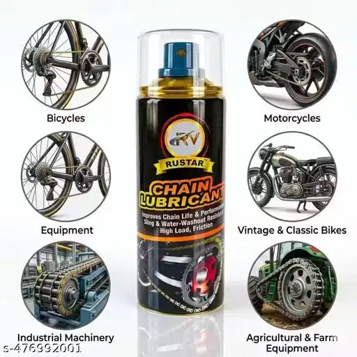 A can of Rustar Chain Lubricant is centered on a white background, surrounded by circular inset photos showing its use on bicycles, motorcycles, equipment, vintage bikes, industrial machinery, and agricultural equipment. The can is black with gold and red text and a blue spray top.