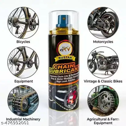A can of Rustar Chain Lubricant is centered on a white background, surrounded by circular inset photos showing its use on bicycles, motorcycles, equipment, vintage bikes, industrial machinery, and agricultural equipment. The can is black with gold and red text and a blue spray top.