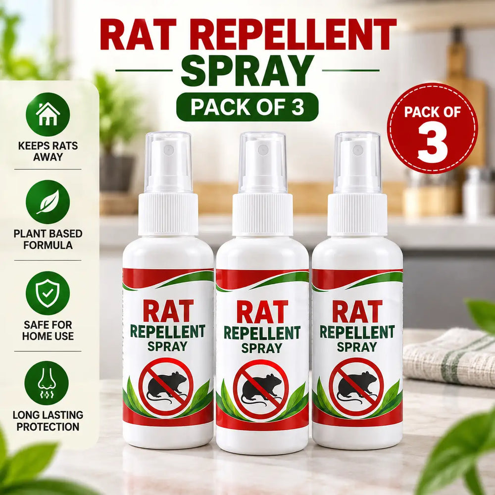 Three bottles of Rat Repellent Spray displayed together on a kitchen countertop, with promotional text reading 'RAT REPELLENT SPRAY PACK OF 3' and feature icons on the left. The bottles are white with red and green labels and spray tops.