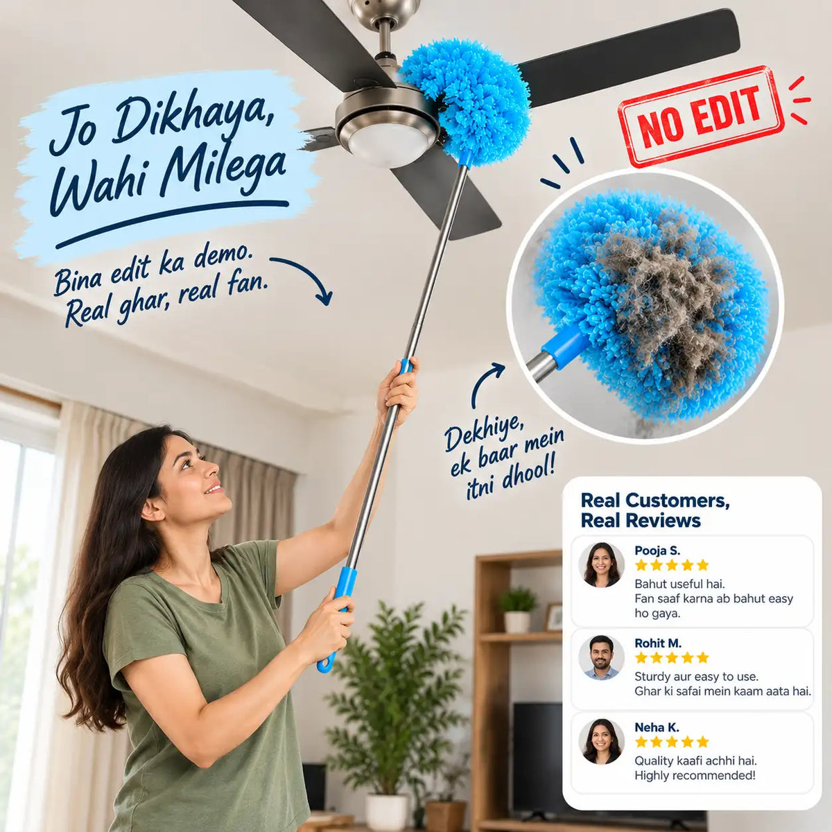 A woman uses a long-handled ceiling fan duster with bright blue fluffy cleaning heads to clean a ceiling fan in a home. The image includes promotional text in Hindi, a circular inset showing the duster on a fan, and a customer review panel on the right.