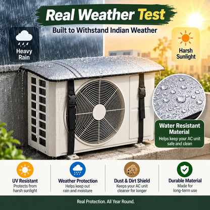 An outdoor AC condenser unit under a heavy rain graphic with promotional text reading 'Real Weather Test' and feature callouts for heavy rain, harsh sunlight, water resistance, UV protection, dust shield, and durable material.
