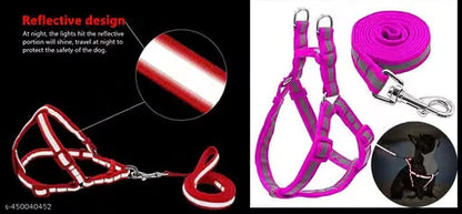 Pink reflective pet harness and leash set with silver metal clips, shown on a white background with a black inset demonstrating the harness in low light.