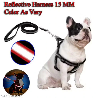 A black reflective dog harness with a matching leash is shown on a black-and-white French bulldog against a white background. Red text at the top reads 'Reflective Harness 15 MM Color As Vary,' with two circular inset images highlighting the reflective stripes and a night-use example.