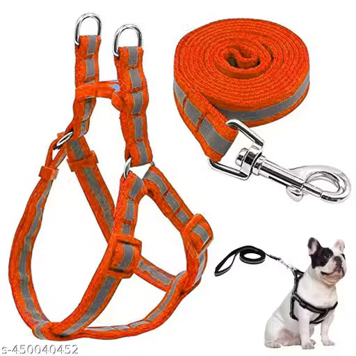 Orange reflective dog harness and matching leash set with silver metal hardware, shown on a white background with a small dog wearing the harness in the lower right corner.