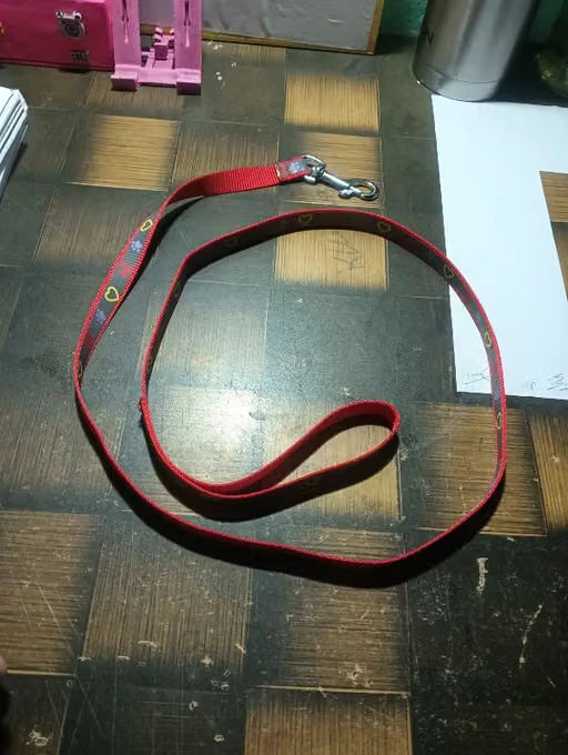 A red dog leash with a silver metal clasp, laid out on a dark wood floor. The strap features small colorful cartoon motifs.