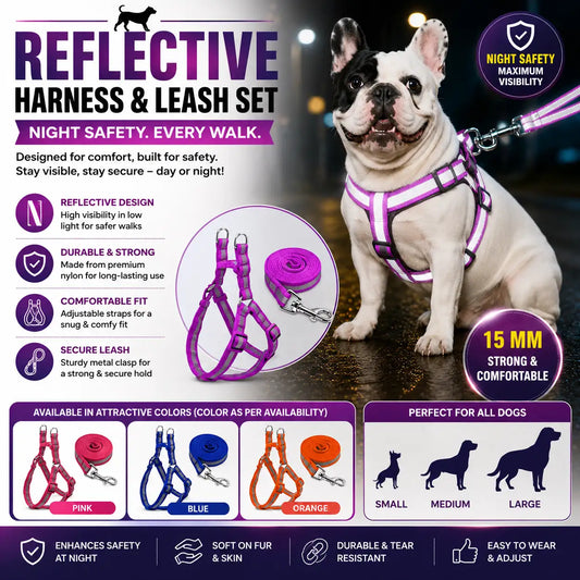 Promotional graphic for a reflective harness and leash set for dogs, featuring a French bulldog wearing a pink reflective harness on a blurred street background. The graphic includes product callouts, feature icons, available color options (pink, blue, orange), size guidance, and text emphasizing night safety and comfort.