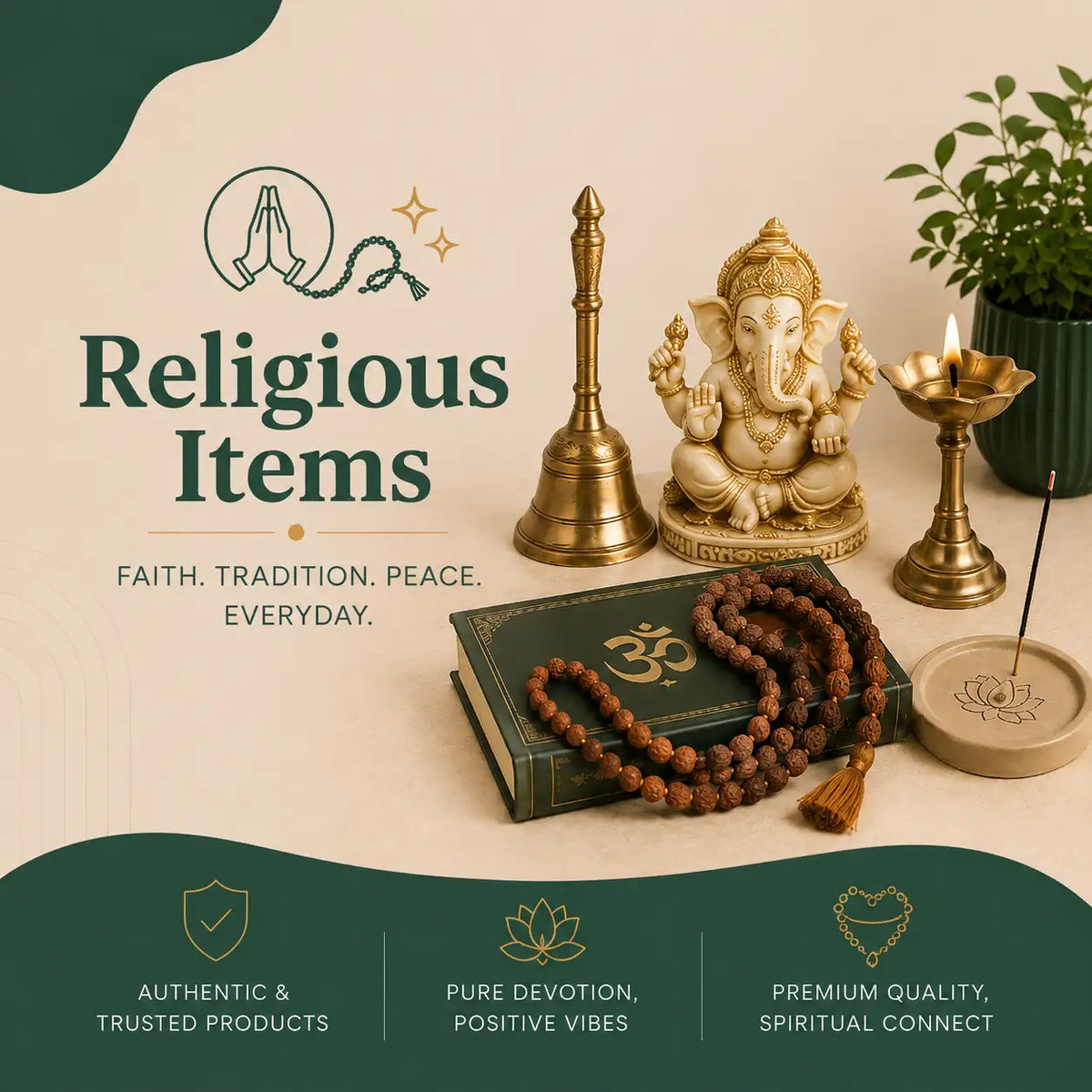 A styled flat-lay of religious items on a cream background with dark green graphic overlays. The set includes a gold-toned Ganesha statue, a brass bell, a brass oil lamp, a green book with an Om symbol, a brown wooden prayer bead necklace, and a beige incense holder with a burning incense stick.