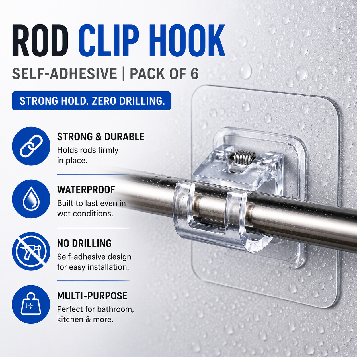 Rod clip hook with self-adhesive design on a textured wall background