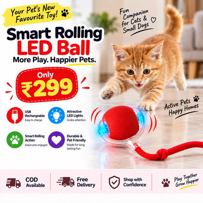 An orange tabby kitten chasing a red smart rolling LED ball toy with a red rope on a light floor, set against a bright white and pink promotional background with text and icons.