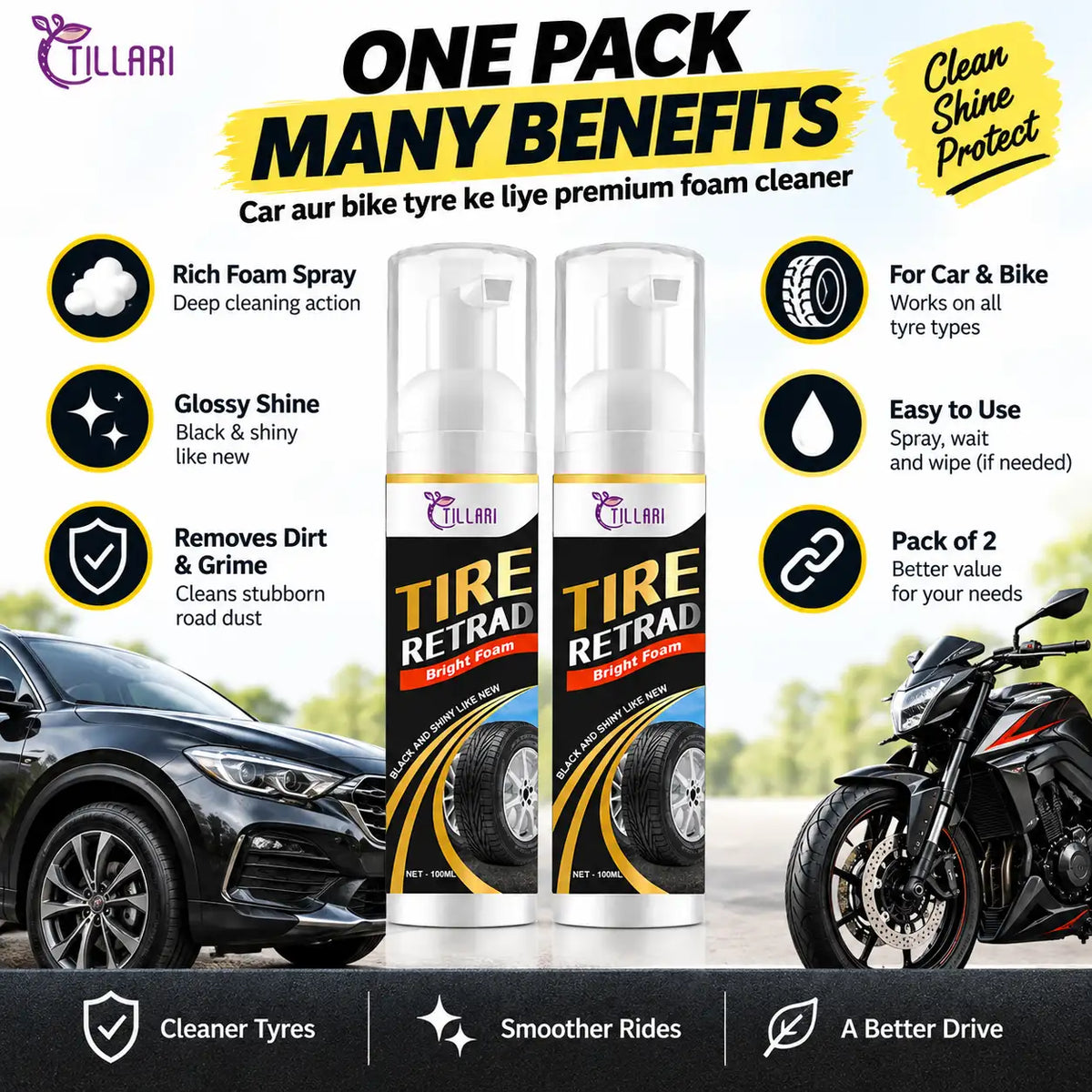 A promotional graphic for Tillari Tire Retrad Milk Foam showing two pump bottles of tire cleaner in the center, with marketing text, icons, and cars/motorcycles used as supporting visuals on a blurred outdoor road background.