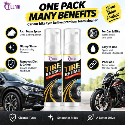 A promotional graphic for Tillari Tire Retrad Milk Foam showing two pump bottles of tire cleaner in the center, with marketing text, icons, and cars/motorcycles used as supporting visuals on a blurred outdoor road background.