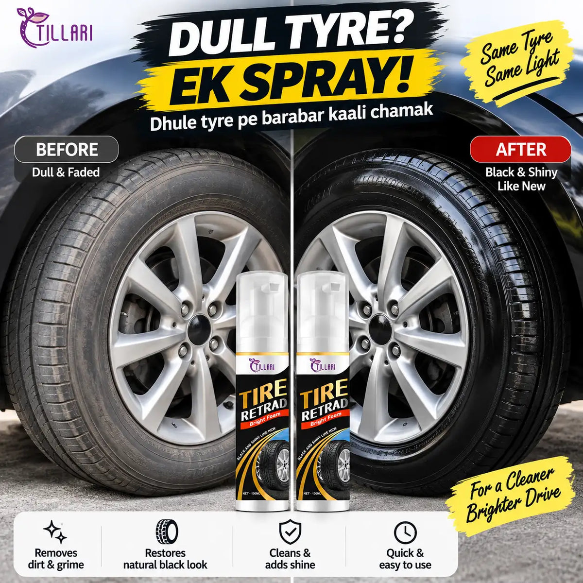 Tillari Tire Retouch spray shown in two aerosol cans in front of a split before/after car tire comparison. The ad text says 'Dull Tyre? Ek Spray!' and 'Same Tire Same Light' with 'After' showing a shiny black tire.