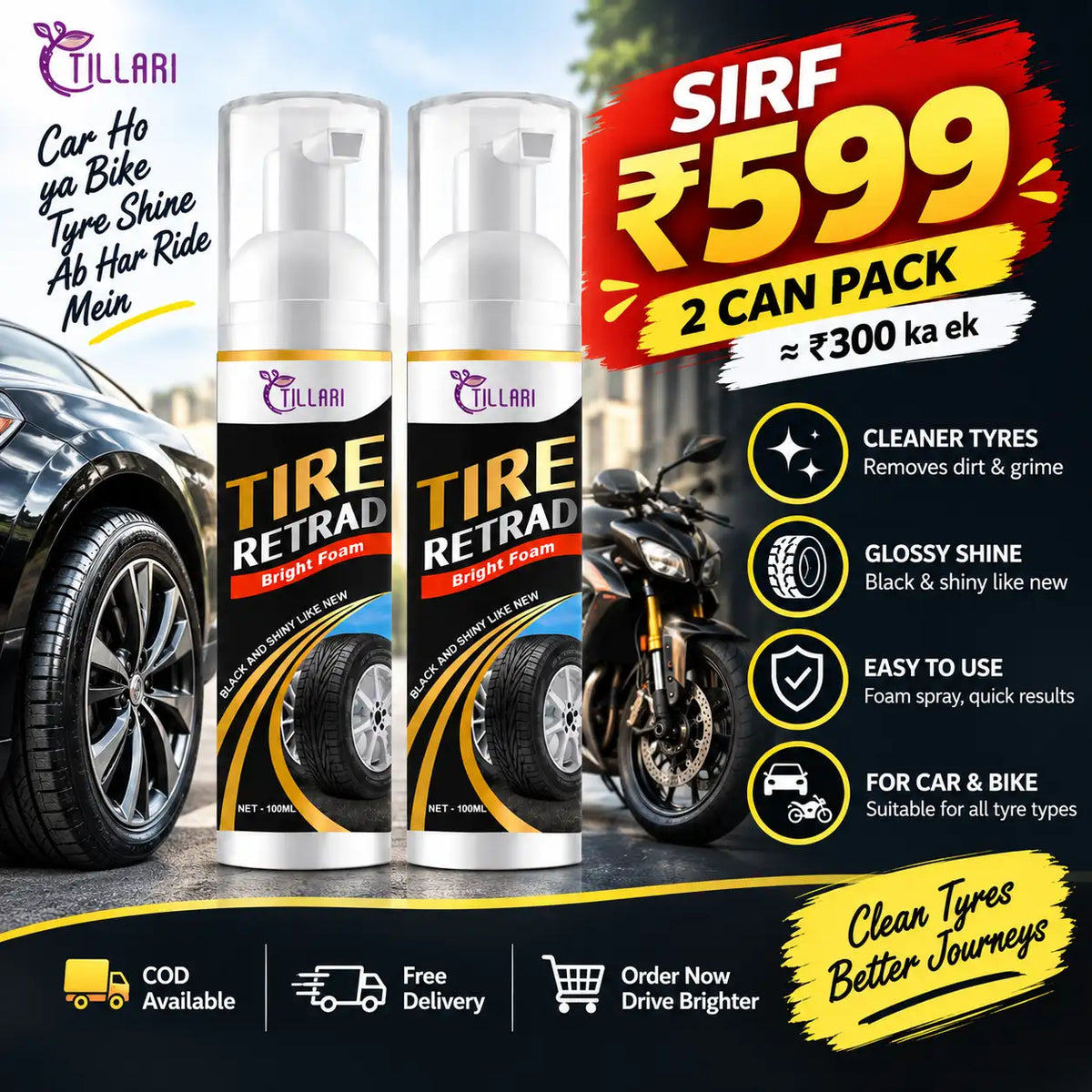 Two cans of TILLARI Tire Retrad Bright Foam shown on a promotional graphic for a 2-can pack priced at Rs. 599.