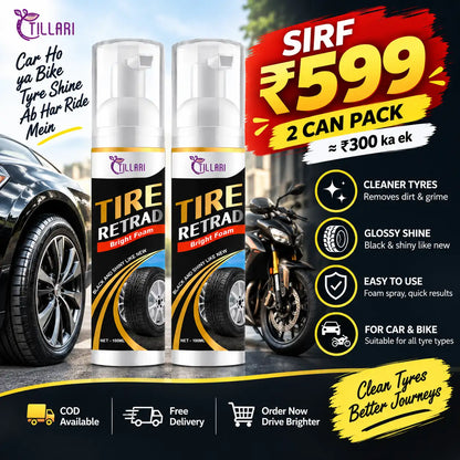 Two cans of TILLARI Tire Retrad Bright Foam shown on a promotional graphic for a 2-can pack priced at Rs. 599.
