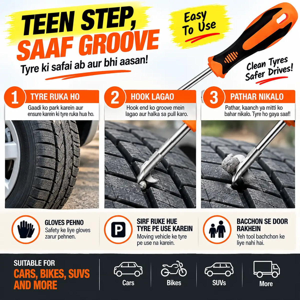 Promotional infographic for the SAAF Groove tire alignment tool, featuring a large orange and black handle, three numbered steps with photos of a tire, plus icons indicating suitability for cars, bikes, SUVs, and more.