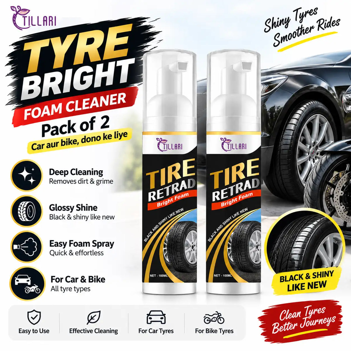 Tillari Tire Bright Foam Cleaner pack of 2, featuring two bottles of tire retread bringing foam. The graphic includes benefits, a car and bike with shiny tires, and a circular inset showing a clean black tire.