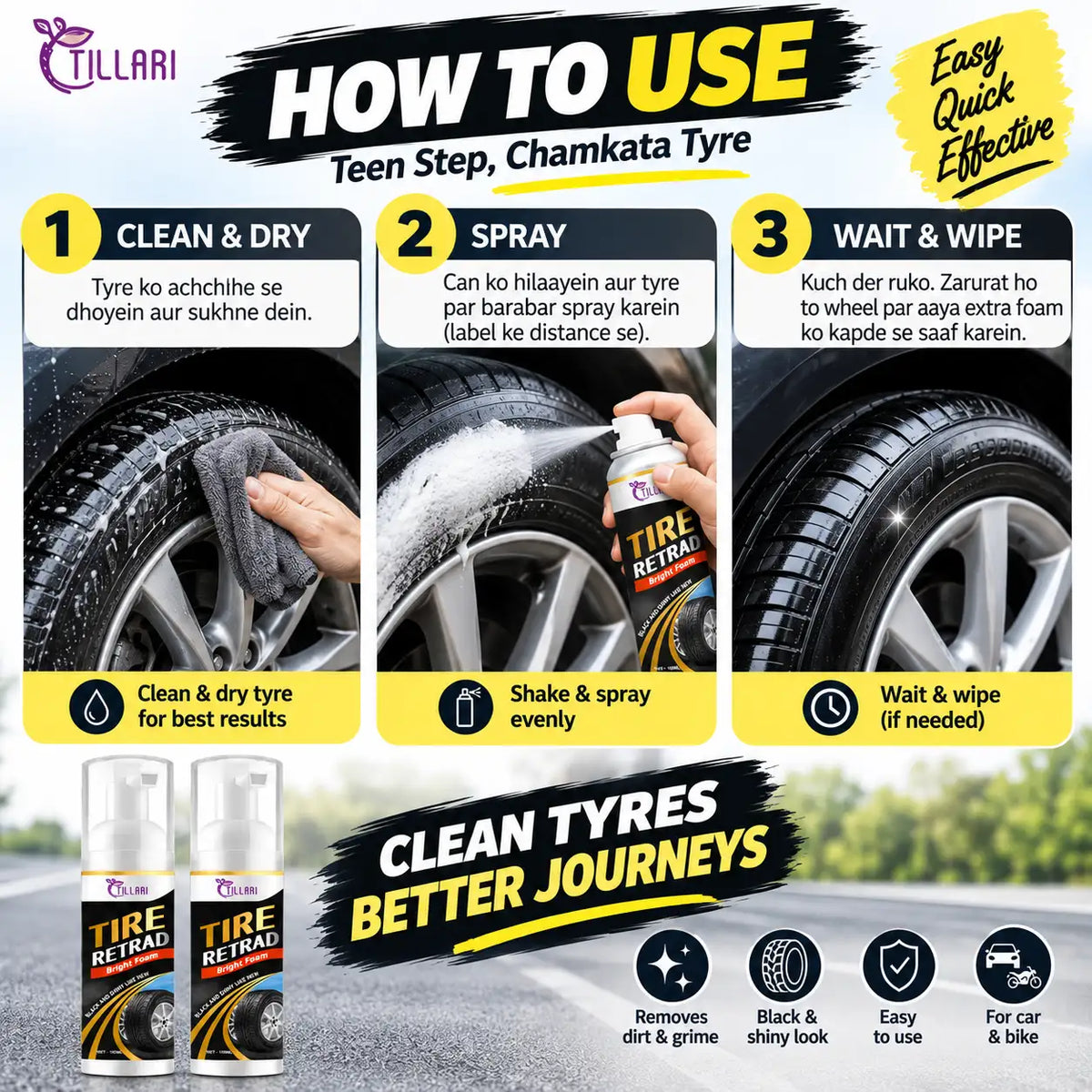 An infographic titled 'HOW TO USE' for Tillari Tire Retrad, showing a three-step process for cleaning and drying the tire, spraying the product, and waiting/wiping. The graphic includes product bottles at the bottom and text highlighting benefits like removing dirt, grime, and black spots.