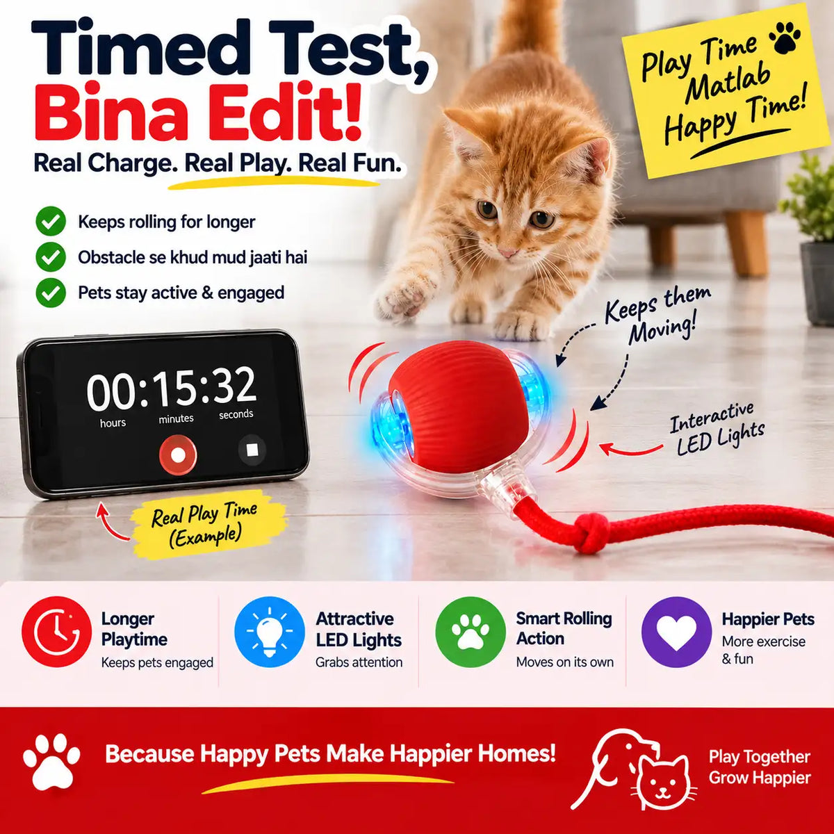 A promotional graphic for a pet toy showing a small orange kitten interacting with a red spherical laser toy on a light floor. The image includes a black digital timer display, text callouts, and multiple marketing phrases in English, with a red footer banner and paw/cat logos.