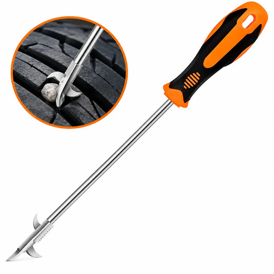 A long-handled tire iron tool with a black and orange handle and a silver metal shaft and tip, shown on a white background with a circular inset demonstrating use on a tire.