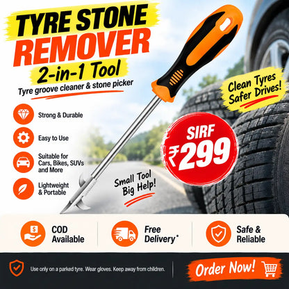 A promotional graphic for a tire stone remover tool, showing the orange-and-black handled screwdriver-style tool diagonally over a tire. Large text reads 'TYRE STONE REMOVER' and '2-in-1 Tool,' with feature icons and pricing.