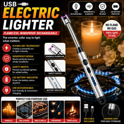 An electric flame lighter pen is shown on a dark promotional graphic with text callouts, icons, and lifestyle-style usage examples including candles and a gas stove. The product itself is a slim silver pen-shaped lighter with blue LED battery indicator lights and a purple plasma arc demonstration at the tip.