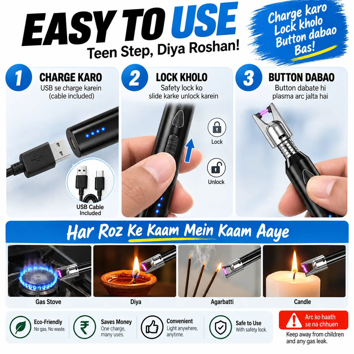 An infographic-style product explainer for a handheld electric lighter with multiple panels showing usage steps, included USB cable, flame examples on gas stove, diya, stove top, and candle, plus marketing text in English and Hindi.