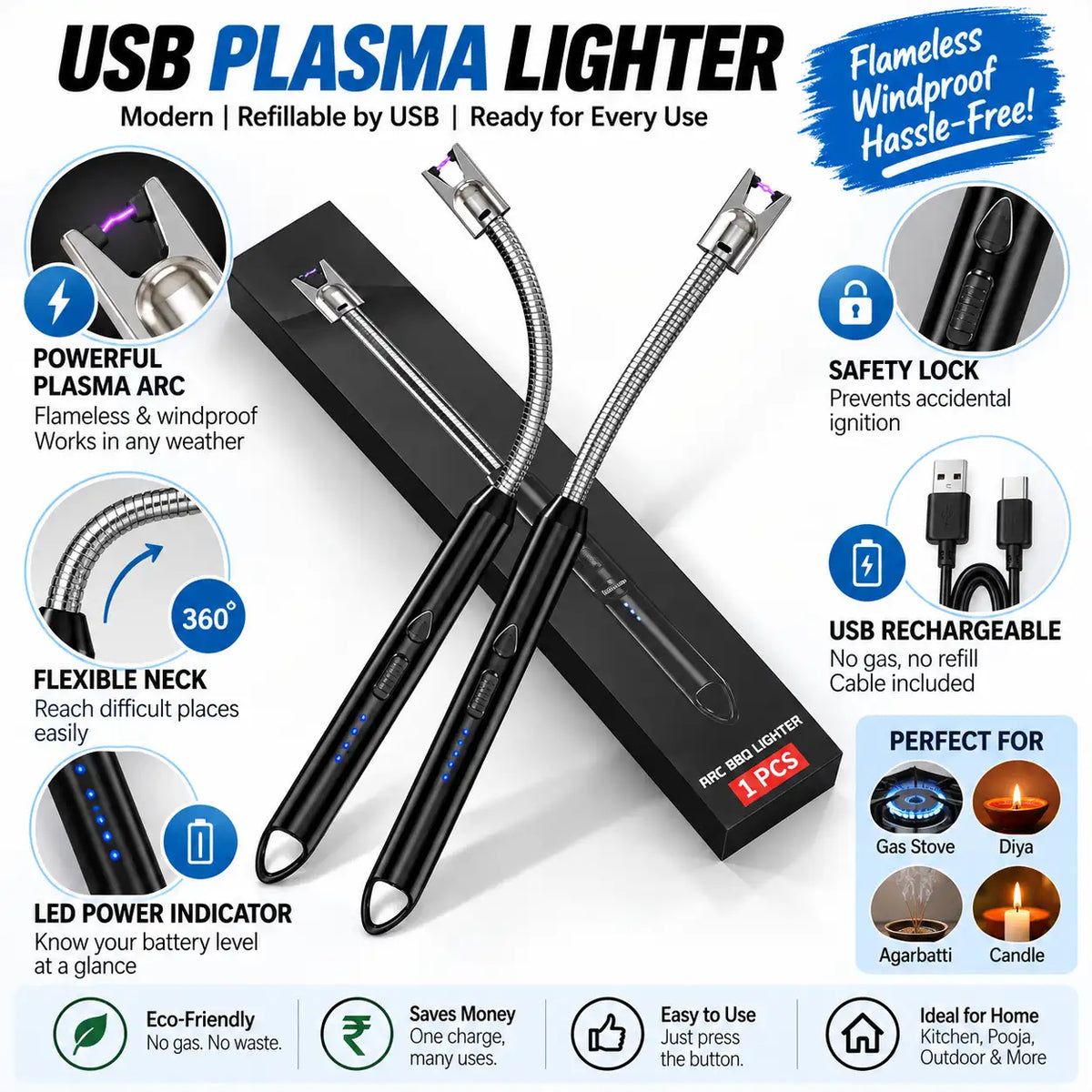 USB plasma lighter set shown with two slim metal lighter heads, a black charging/carry case, and multiple callout graphics explaining features like plasma arc, flexible neck, safety lock, USB rechargeability, LED power indicator, and flameproof windproof performance.