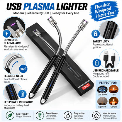 USB plasma lighter set shown with two slim metal lighter heads, a black charging/carry case, and multiple callout graphics explaining features like plasma arc, flexible neck, safety lock, USB rechargeability, LED power indicator, and flameproof windproof performance.