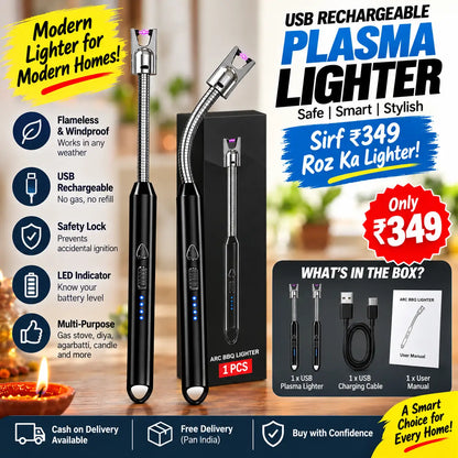 A promotional graphic for a USB rechargeable plasma lighter shown in three views, alongside its black retail box. The ad includes feature icons on the left, pricing text in Hindi, and a 'What's in the box' inset showing included accessories.