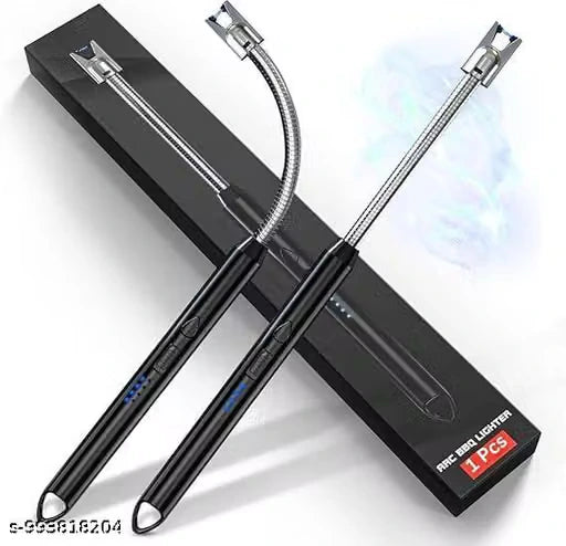 Two black handheld flexible LED fire starter tools with metal rods and tips, displayed in front of a black retail box labeled 'PROC FIRE LIGHTER 1 PCS'.