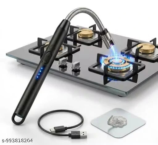 A black handheld electric torch lighter with a flexible metal hose and USB charging cable, shown in front of a gas stove with a blue flame ignited. A small cleaning cloth is also visible on a white background.