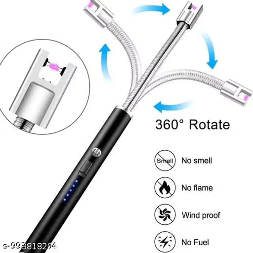 A 3-prong flexible gas torch lighter with a black handle, silver metal shafts, and blue airflow arrows indicating rotation. Features a circular inset showing the flame tip, text reading '360° Rotate,' and icons stating 'No smell,' 'No flame,' 'Wind proof,' and 'No Fuel' on a white background.