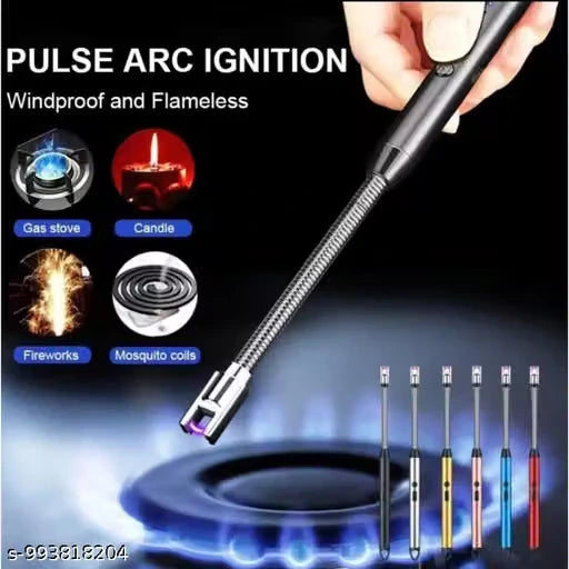 A long black pulse arc lighter with a metallic spring-loaded shaft is shown being held by a hand over a blue gas flame graphic. The image includes marketing text ('PULSE ARC IGNITION', 'Windproof and Flameless'), feature icons for gas stove, candle, fireworks, and mosquito coils, and five smaller color variants along the bottom.