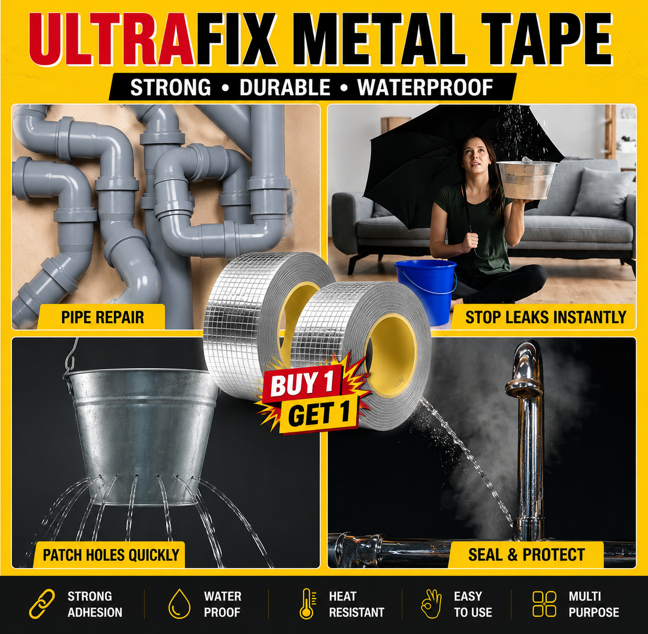 Advertisement for UltraFix Metal Tape with various uses and features highlighted.